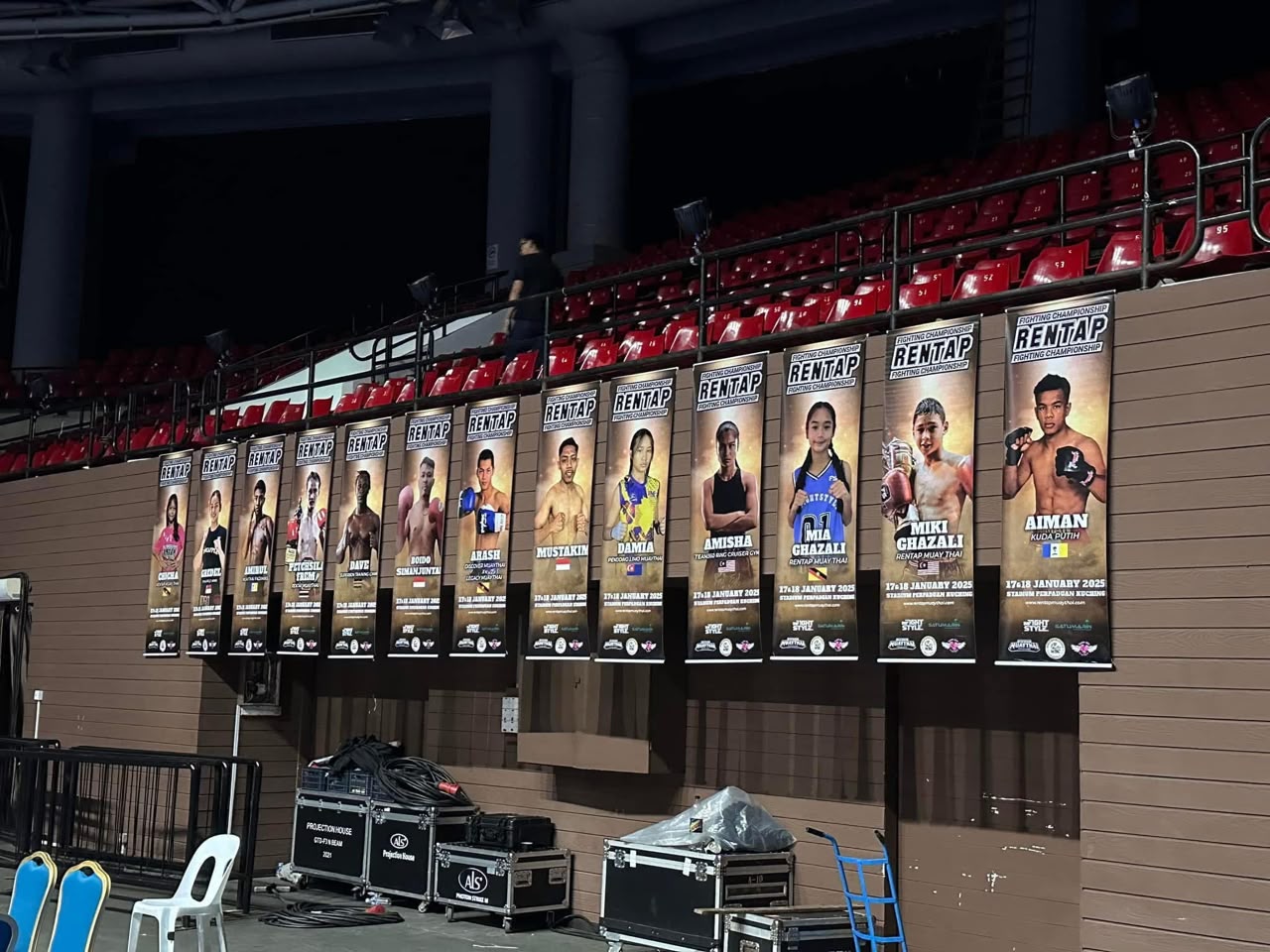 Rentap Fighting Championship athlete banners installed inside the venue