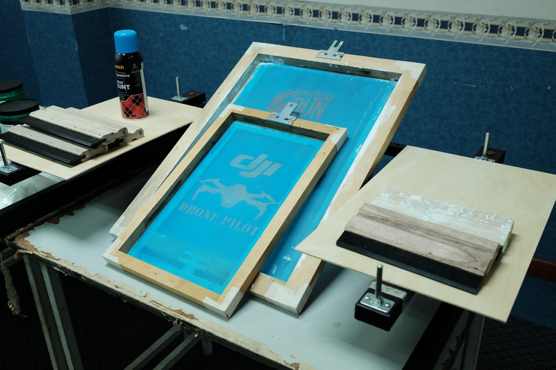 Silkscreen frames used during the T-shirt printing workshop